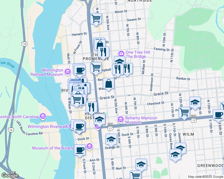 map of restaurants, bars, coffee shops, grocery stores, and more near 416 Walnut Street in Wilmington