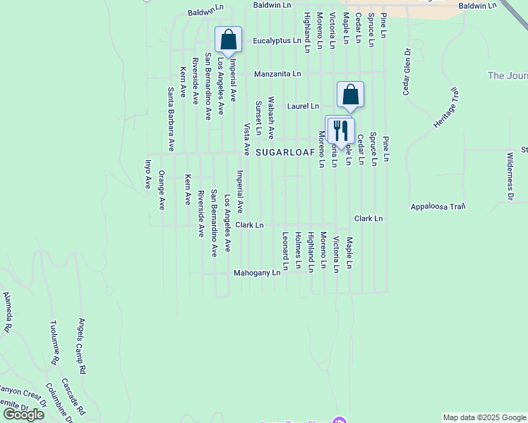 map of restaurants, bars, coffee shops, grocery stores, and more near 671 Sunset Lane in Big Bear