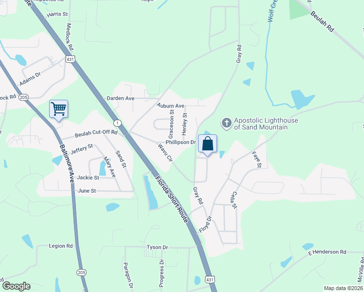 map of restaurants, bars, coffee shops, grocery stores, and more near 101 Graceson Street in Albertville