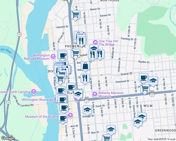 map of restaurants, bars, coffee shops, grocery stores, and more near 416 Walnut Street in Wilmington