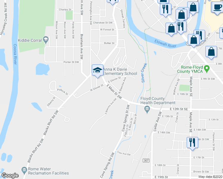 map of restaurants, bars, coffee shops, grocery stores, and more near 116 East Main Street Southwest in Rome