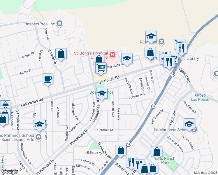 map of restaurants, bars, coffee shops, grocery stores, and more near 3807 Vincente Avenue in Camarillo