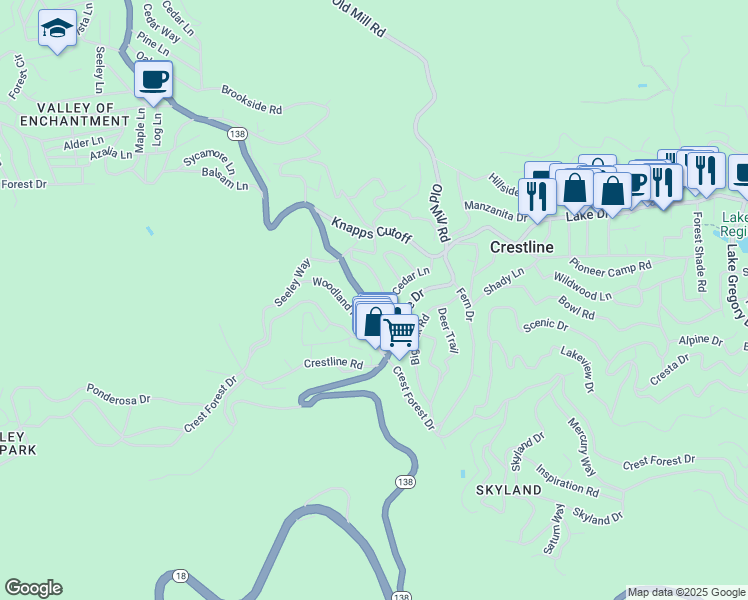 map of restaurants, bars, coffee shops, grocery stores, and more near 737 California 138 in Crestline