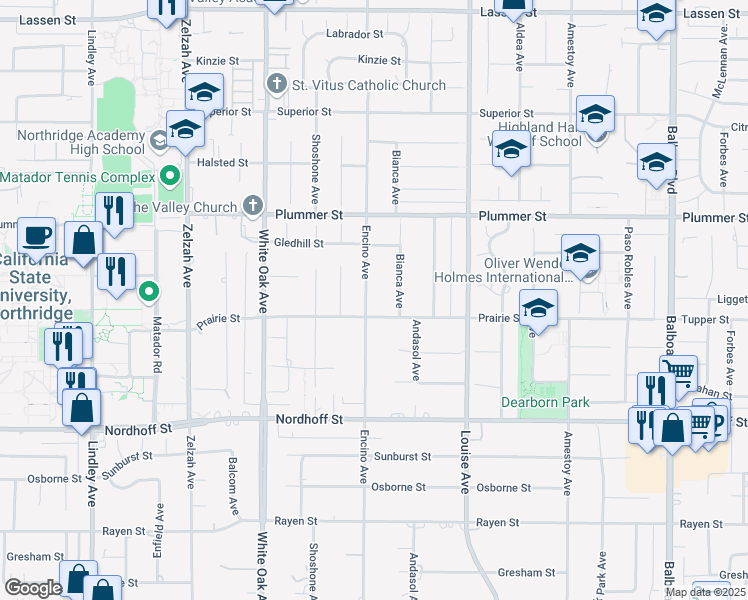 map of restaurants, bars, coffee shops, grocery stores, and more near 9318 Encino Avenue in Los Angeles