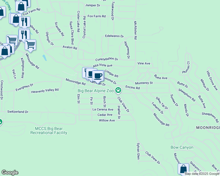 map of restaurants, bars, coffee shops, grocery stores, and more near 42718 Moonridge Road in Big Bear Lake