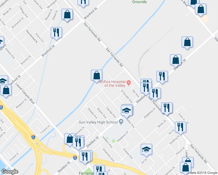 map of restaurants, bars, coffee shops, grocery stores, and more near 12232 Truesdale Street in Los Angeles