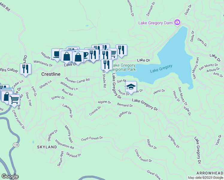 map of restaurants, bars, coffee shops, grocery stores, and more near 725 Tyrol Drive in Crestline