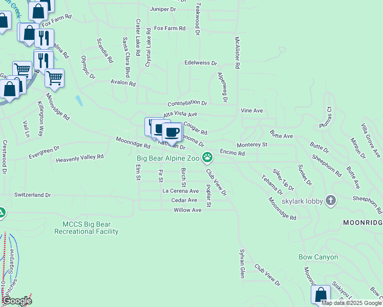 map of restaurants, bars, coffee shops, grocery stores, and more near 42766 Sonoma Drive in Big Bear Lake