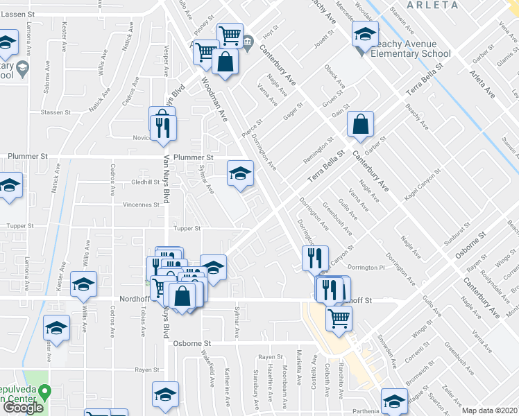 map of restaurants, bars, coffee shops, grocery stores, and more near 9391 Woodman Avenue in Los Angeles