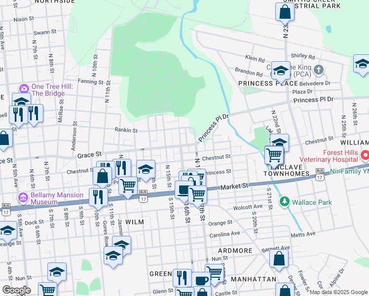 map of restaurants, bars, coffee shops, grocery stores, and more near 305 North 16th Street in Wilmington