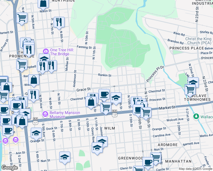 map of restaurants, bars, coffee shops, grocery stores, and more near 1205 Walnut Street in Wilmington
