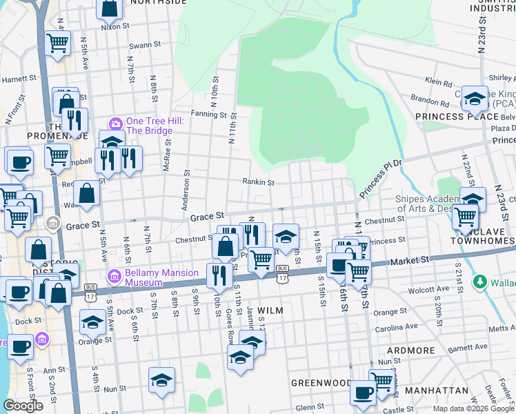 map of restaurants, bars, coffee shops, grocery stores, and more near 1205 Walnut Street in Wilmington