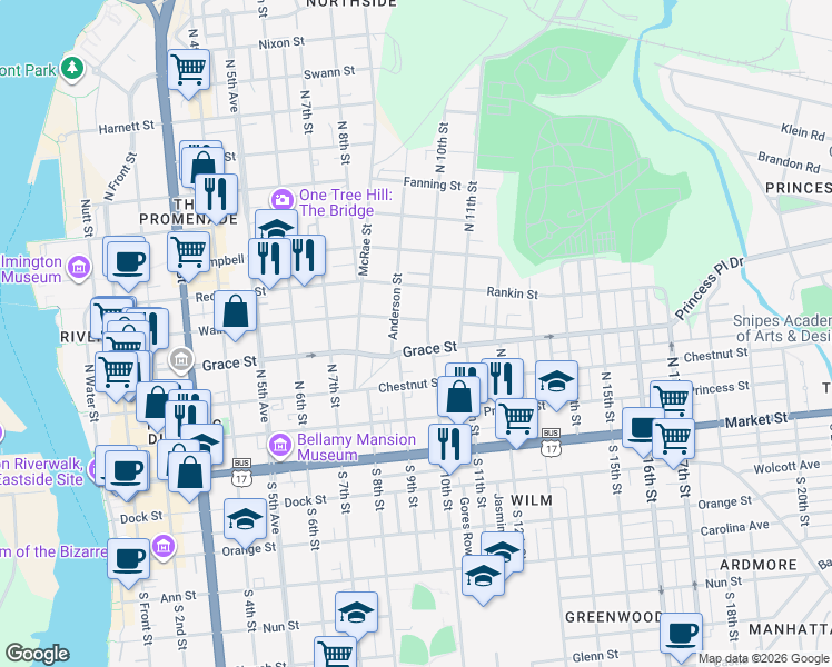 map of restaurants, bars, coffee shops, grocery stores, and more near 902 Walnut Street in Wilmington
