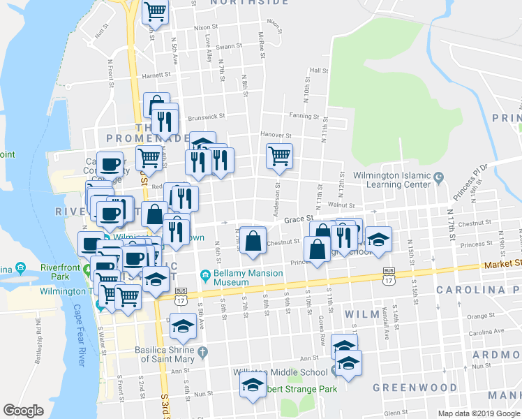 map of restaurants, bars, coffee shops, grocery stores, and more near 718 Walnut Street in Wilmington