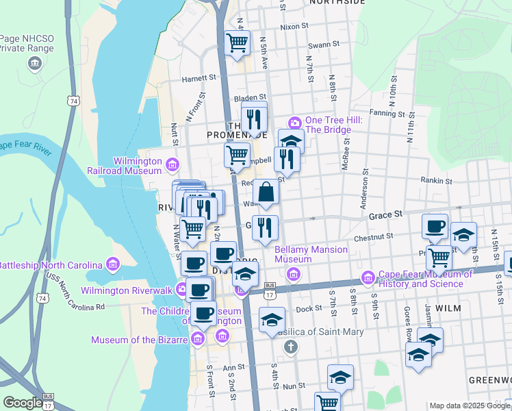 map of restaurants, bars, coffee shops, grocery stores, and more near 313 Walnut Street in Wilmington
