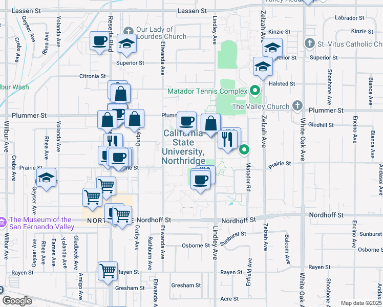 map of restaurants, bars, coffee shops, grocery stores, and more near 18111 Nordhoff Street in Los Angeles