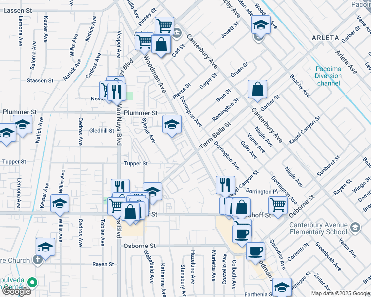 map of restaurants, bars, coffee shops, grocery stores, and more near 14265 Terra Bella Street in Los Angeles