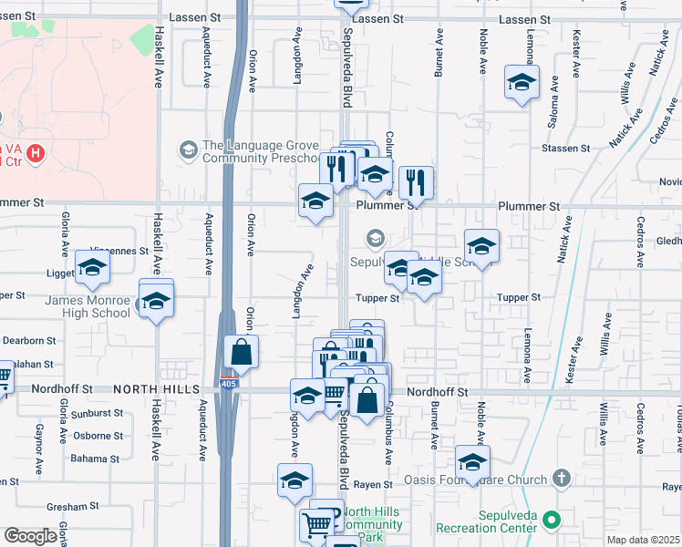 map of restaurants, bars, coffee shops, grocery stores, and more near Sepulveda Boulevard in Los Angeles County