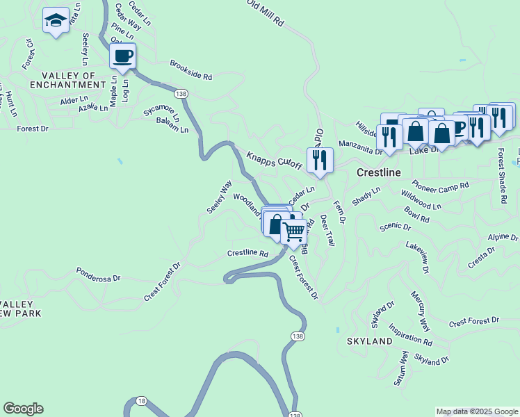 map of restaurants, bars, coffee shops, grocery stores, and more near 771 Woodland Road in Crestline