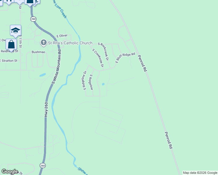 map of restaurants, bars, coffee shops, grocery stores, and more near 1020 South Ridgeway Place in Show Low