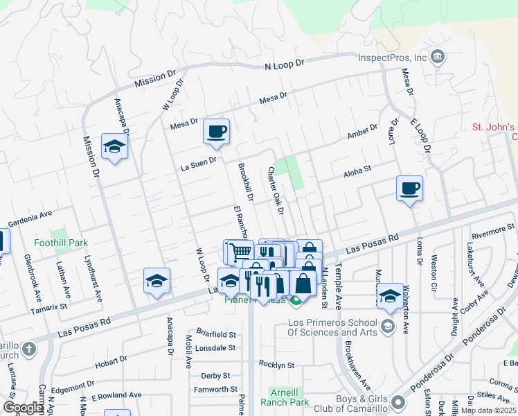 map of restaurants, bars, coffee shops, grocery stores, and more near 2190 Brookhill Drive in Camarillo