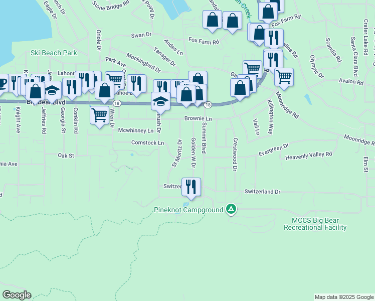 map of restaurants, bars, coffee shops, grocery stores, and more near 41819 Chalet Lane in Big Bear Lake