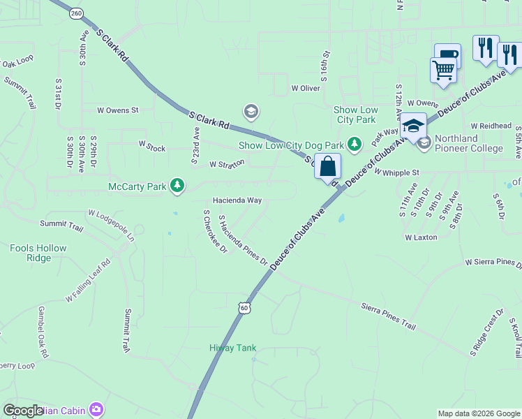 map of restaurants, bars, coffee shops, grocery stores, and more near 2041 Hacienda Way in Show Low