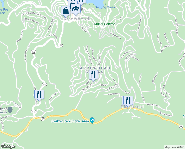 map of restaurants, bars, coffee shops, grocery stores, and more near 726 Golden Drive in Lake Arrowhead