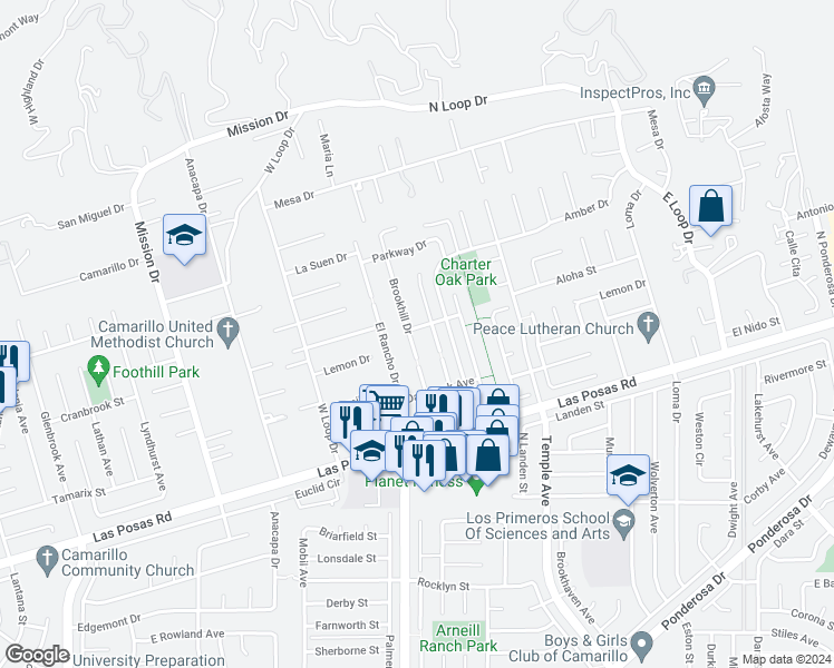 map of restaurants, bars, coffee shops, grocery stores, and more near 2190 Brookhill Drive in Camarillo