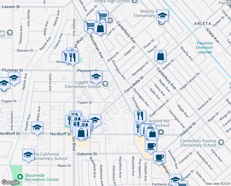 map of restaurants, bars, coffee shops, grocery stores, and more near 14265 Terra Bella Street in Los Angeles