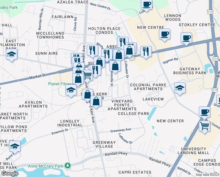 map of restaurants, bars, coffee shops, grocery stores, and more near 108 Jacksonville Street in Wilmington