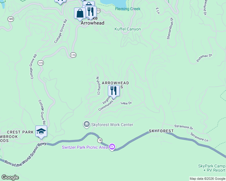 map of restaurants, bars, coffee shops, grocery stores, and more near 726 Golden Drive in Lake Arrowhead