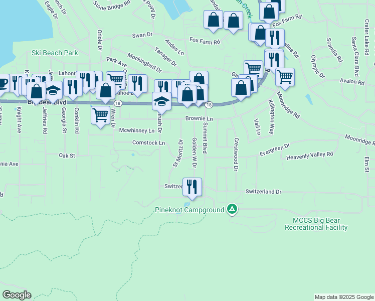 map of restaurants, bars, coffee shops, grocery stores, and more near 41819 Chalet Lane in Big Bear Lake