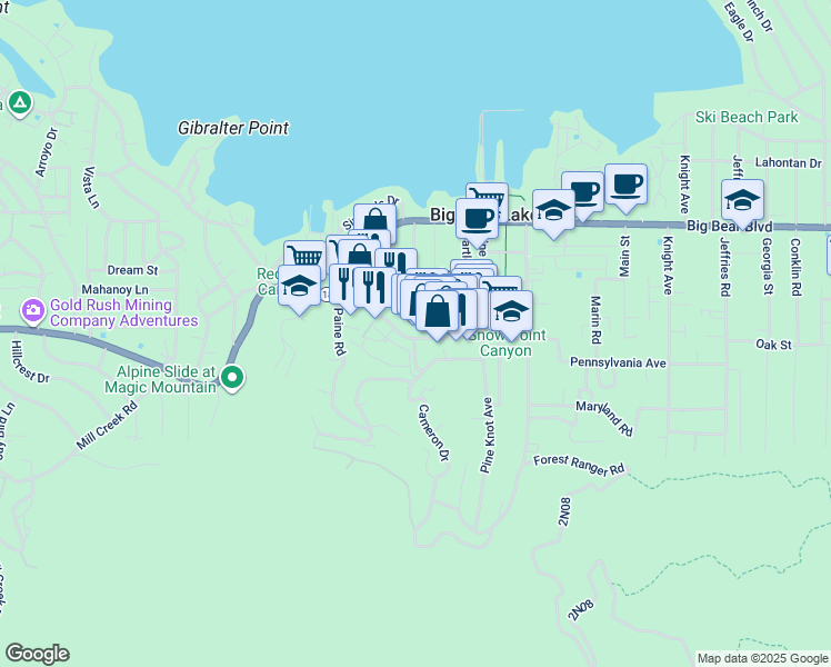 map of restaurants, bars, coffee shops, grocery stores, and more near 40696 Village Drive in Big Bear Lake