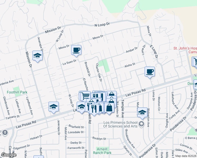 map of restaurants, bars, coffee shops, grocery stores, and more near 2178 Westwood Drive in Camarillo