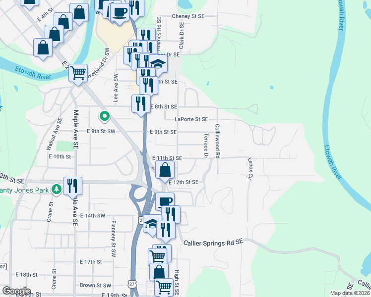 map of restaurants, bars, coffee shops, grocery stores, and more near 500 East 11th Street Southeast in Rome