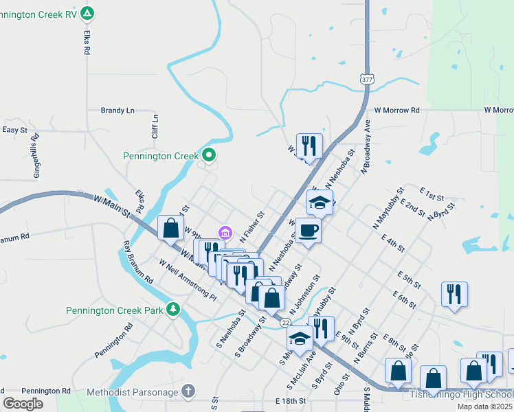 map of restaurants, bars, coffee shops, grocery stores, and more near 402 West 6th Street in Tishomingo