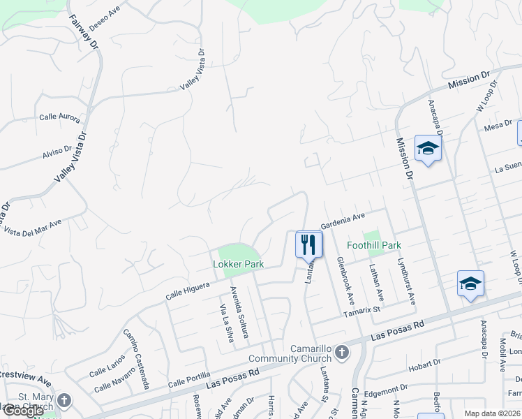 map of restaurants, bars, coffee shops, grocery stores, and more near 2005 Alborada Drive in Camarillo
