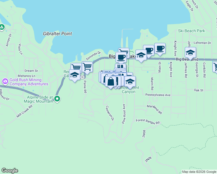 map of restaurants, bars, coffee shops, grocery stores, and more near in Big Bear Lake