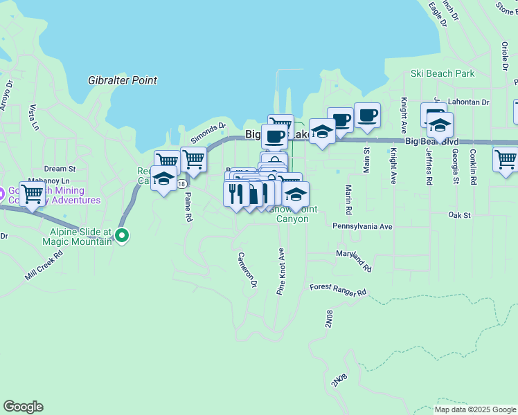 map of restaurants, bars, coffee shops, grocery stores, and more near 40760 Village Drive in Big Bear Lake