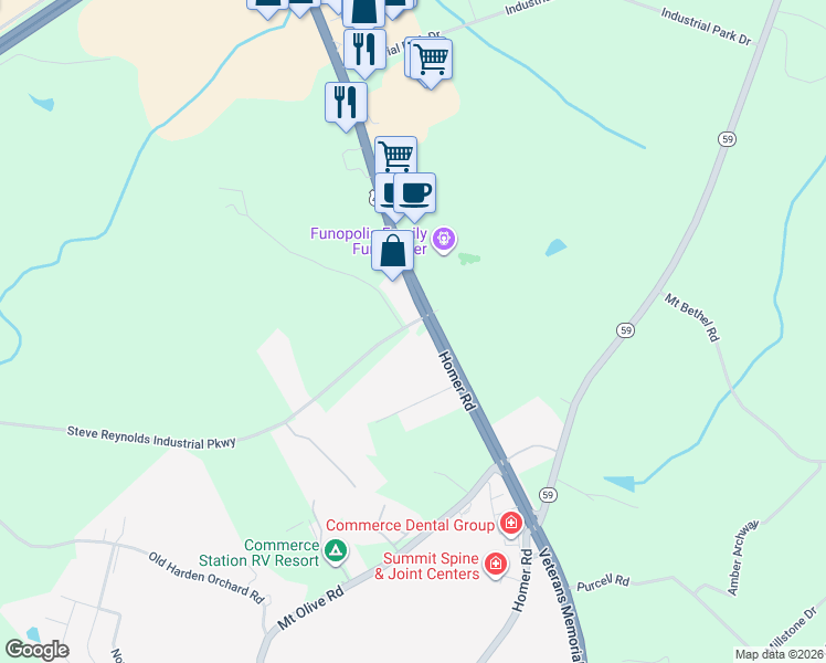 map of restaurants, bars, coffee shops, grocery stores, and more near 2597 Steve Reynolds Industrial Parkway in Commerce