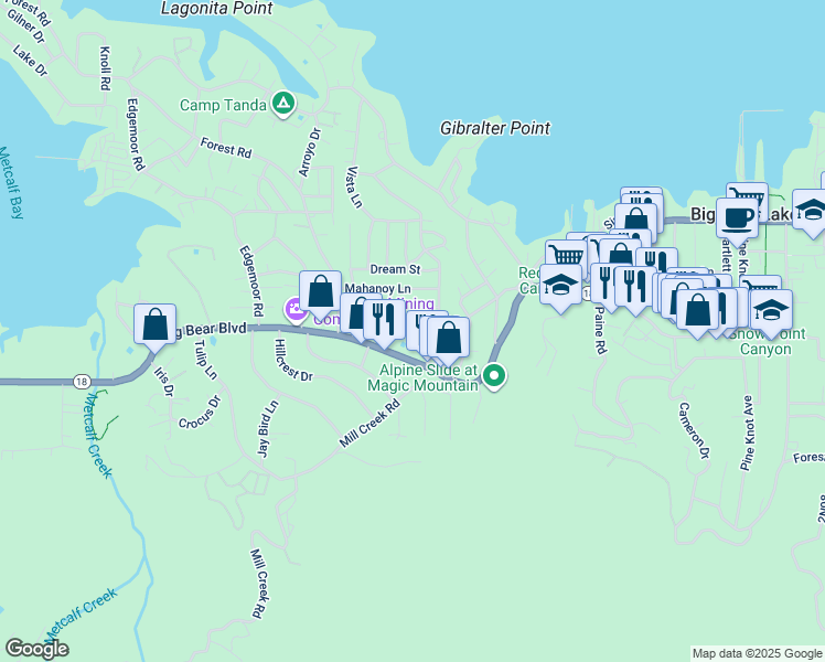 map of restaurants, bars, coffee shops, grocery stores, and more near 40227 Guinan Lane in Big Bear Lake
