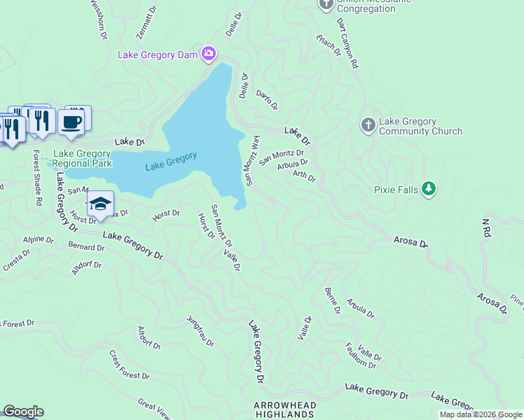 map of restaurants, bars, coffee shops, grocery stores, and more near 24659 San Moritz Drive in Crestline