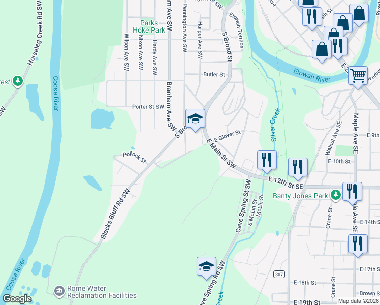 map of restaurants, bars, coffee shops, grocery stores, and more near 6 East Glover Street in Rome