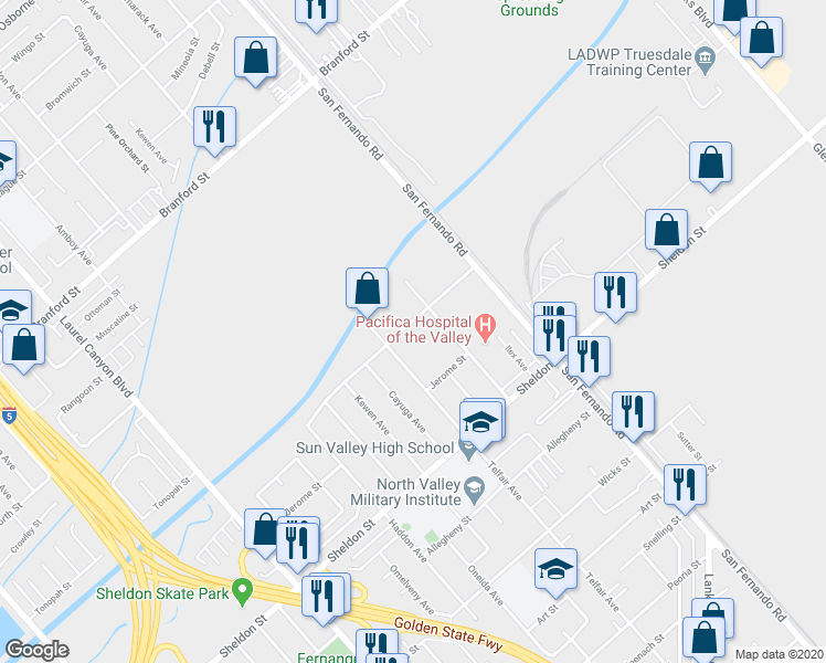 map of restaurants, bars, coffee shops, grocery stores, and more near 12232 Truesdale Street in Los Angeles