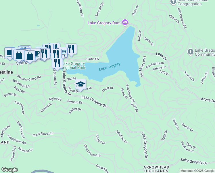 map of restaurants, bars, coffee shops, grocery stores, and more near 24433 San Moritz Drive in Crestline