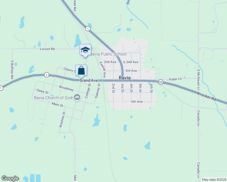 map of restaurants, bars, coffee shops, grocery stores, and more near 106 Grand Avenue in Ravia