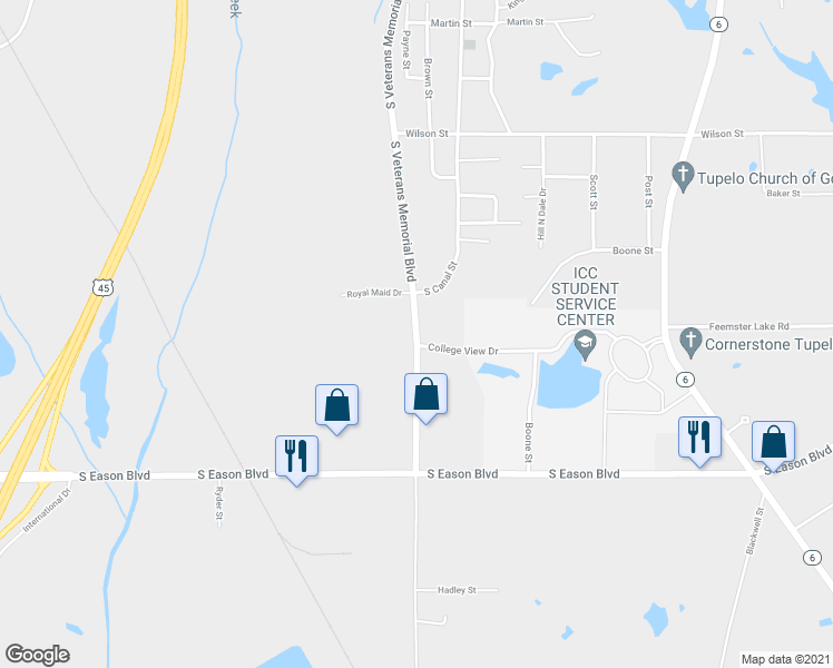 map of restaurants, bars, coffee shops, grocery stores, and more near 1088 South Veterans Memorial Boulevard in Tupelo