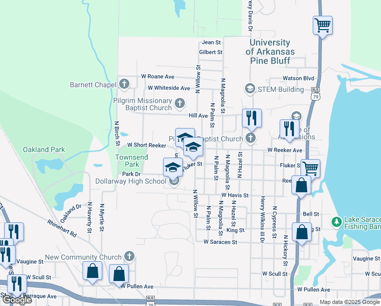map of restaurants, bars, coffee shops, grocery stores, and more near 2601 Fluker Street in Pine Bluff