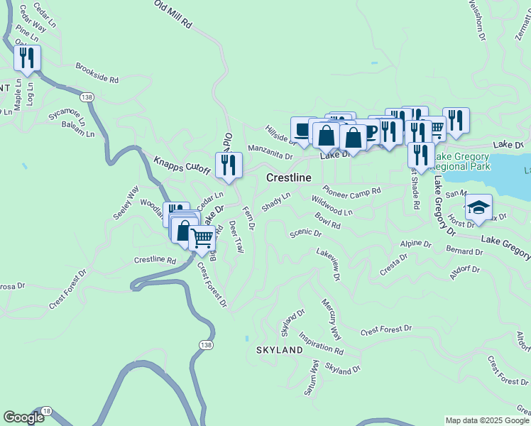 map of restaurants, bars, coffee shops, grocery stores, and more near 23673 Shady Lane in Crestline